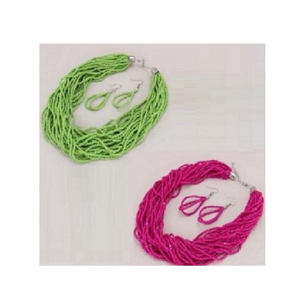 Bright Green or Fuchsia Colorful Beaded Necklace and Earrings Set